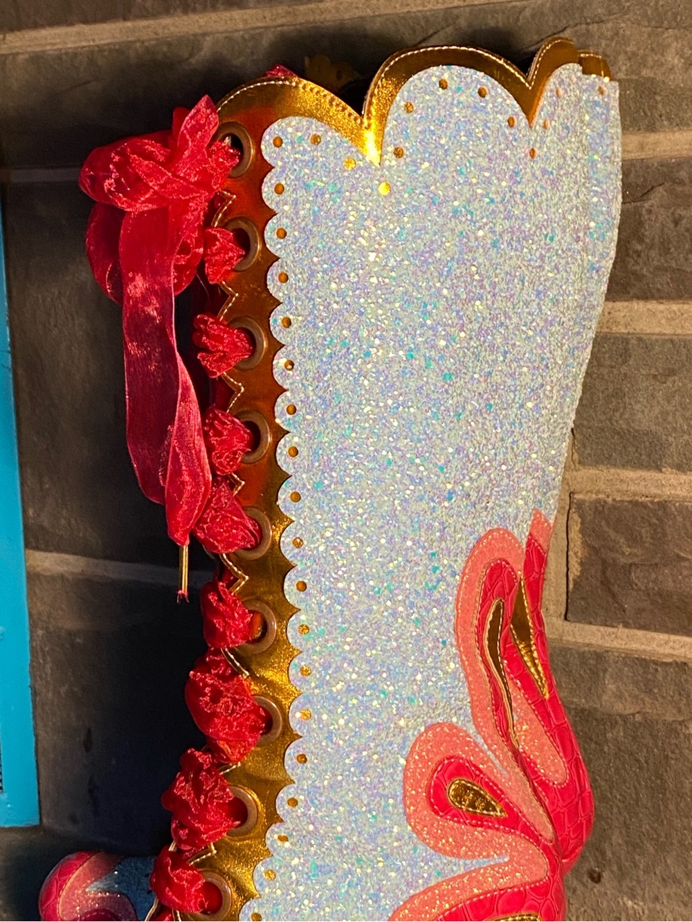 Irregular Choice sparkly Can-Can boots,hot pink patent,sky blue glitter,ribbon - Picture 4 of 16